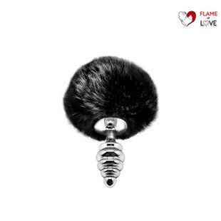 Металева анальна пробка Кролячий хвостик Alive Fluffy Twist Plug S Black, діаметр 2,9 см