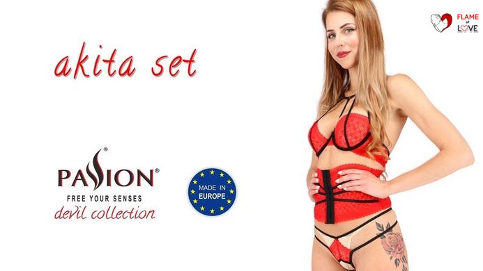 Комплект білизни AKITA SET red S/M - Passion Exclusive: широкий пояс, ліф, стрінги