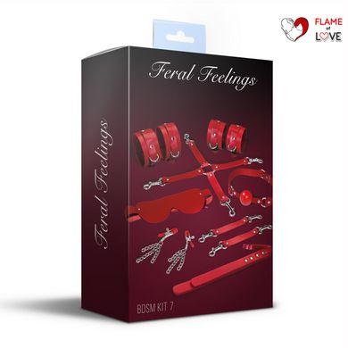 Набір Feral Feelings BDSM Kit 7 Red, наручники, поножі, конектор, маска, падл, кляп, затискачі