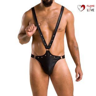 Чоловіче боді з люверсами Passion 028 HARRY S/M Black, екошкіра, на шлейках