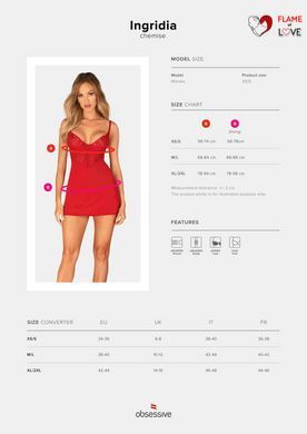 Пеньюар Obsessive Ingridia chemise & thong M/L, червоний, сорочка, стрінги
