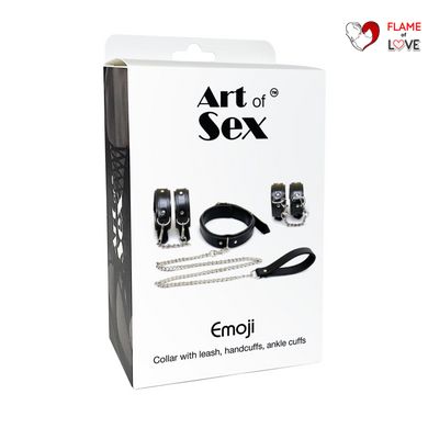 Набір BDSM Art of Sex - Emoji, наручники, поножі, нашийник з повідцем, екошкіра, чорний