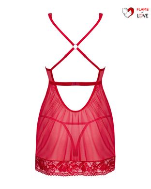 Прозора сорочка бебі-дол Obsessive Lacelove babydoll & thong XL/2XL Red, мереживо, стрінги