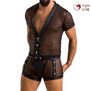 Комплект сітчастої чоловічої білизни Passion 052 SET MICHAEL L/XL black, сорочка, боксери, заклепки